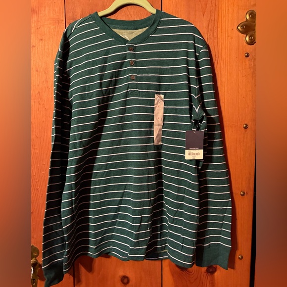 Men's long sleeve 3 button henley green and white stripes size large - Picture 1 of 4
